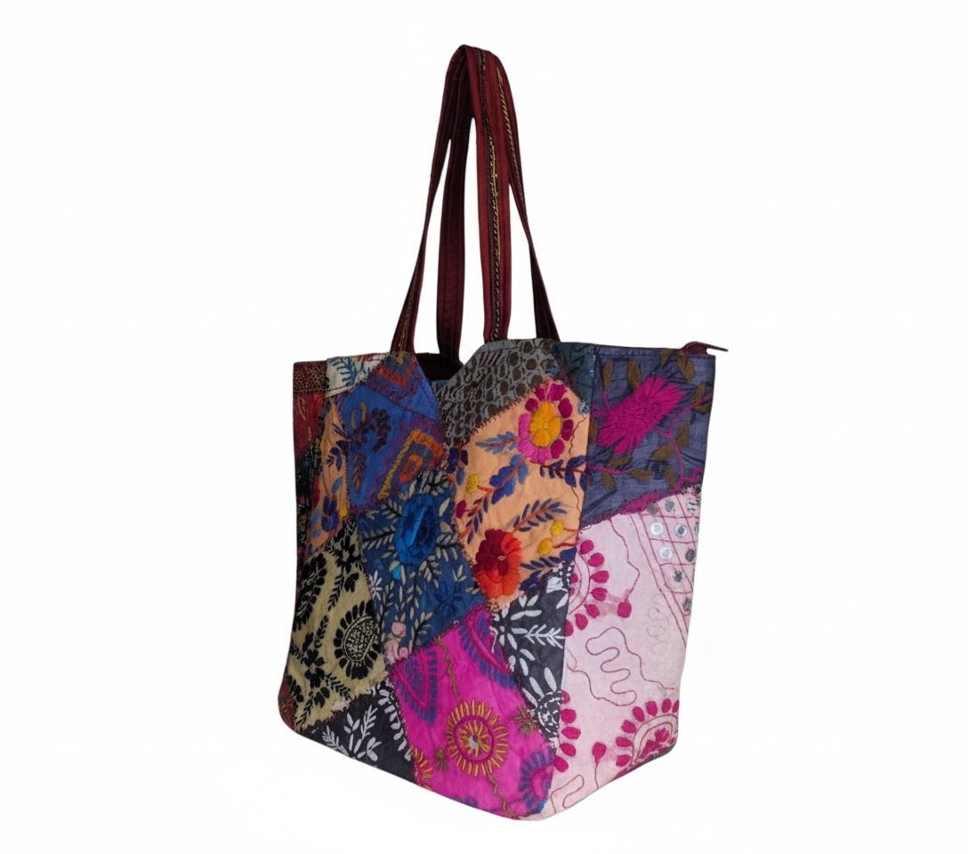 Close-up of Coral Mosaic applique patchwork texture on tote bag