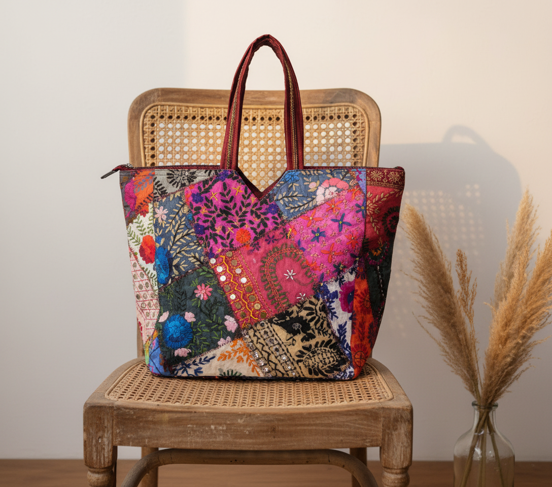 Model carrying Applique Patchwork Coral Mosaic tote bag — boho style