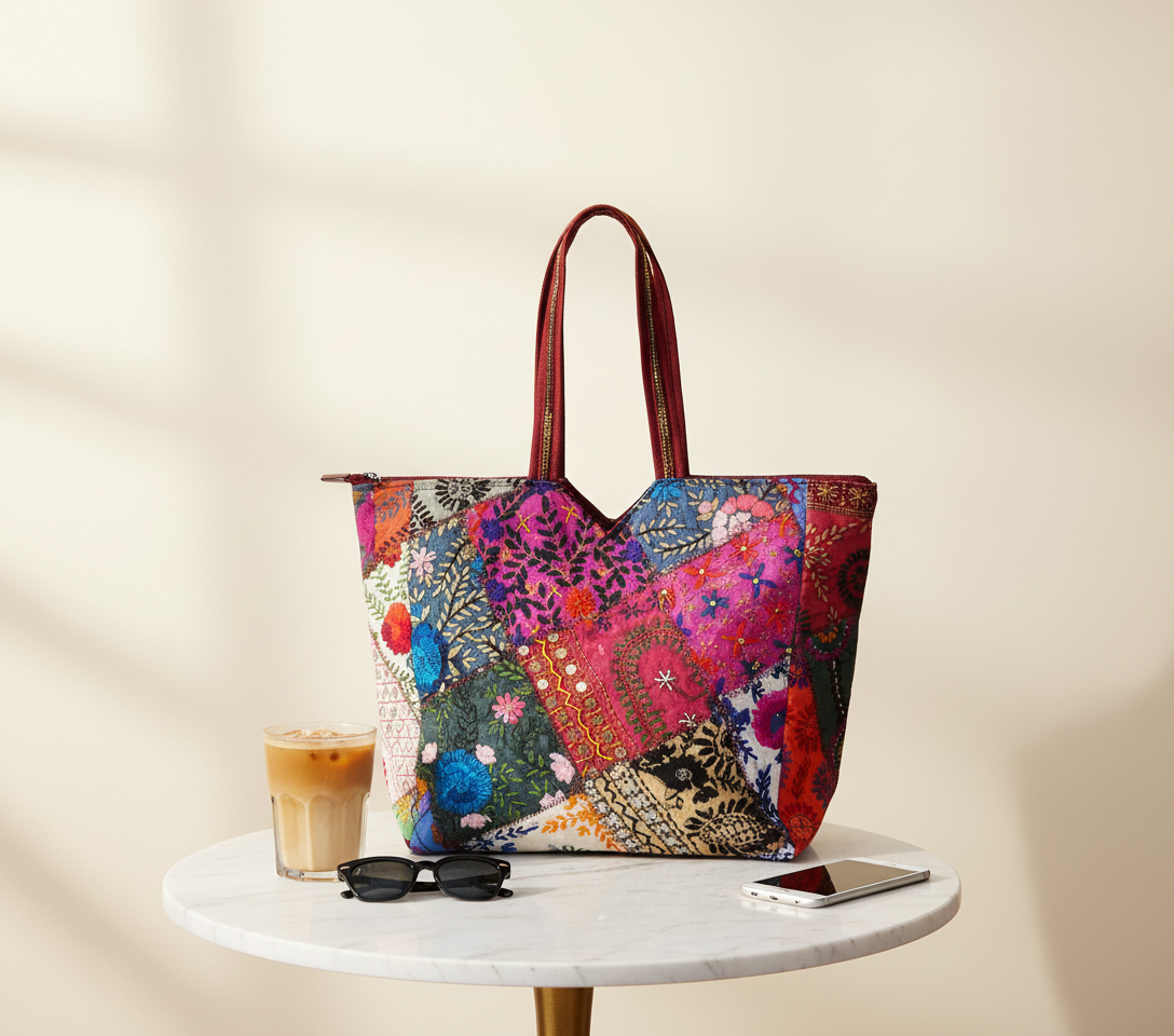 Model walking with Applique Patchwork Coral Mosaic tote bag — lifestyle shot