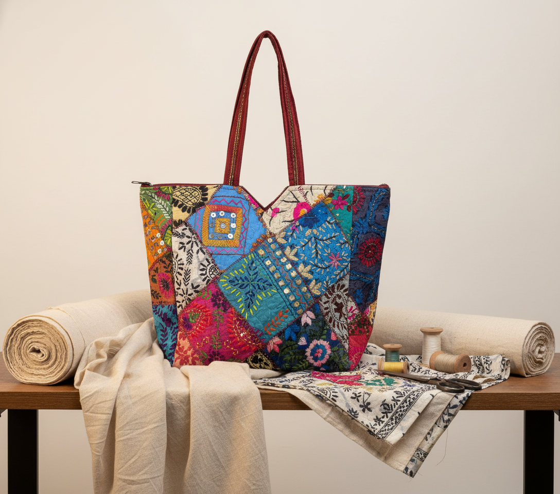 Applique Patchwork Azure Mosaic tote bag front view — Mystic Dhaga