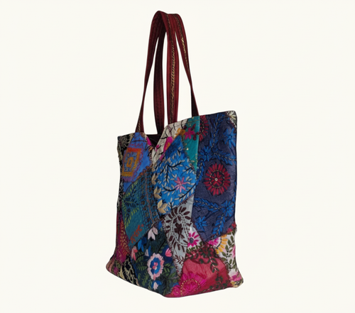 Applique Patchwork Azure Mosaic tote bag side view showing depth