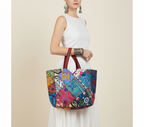 Close-up of Azure Mosaic applique patchwork texture on tote bag