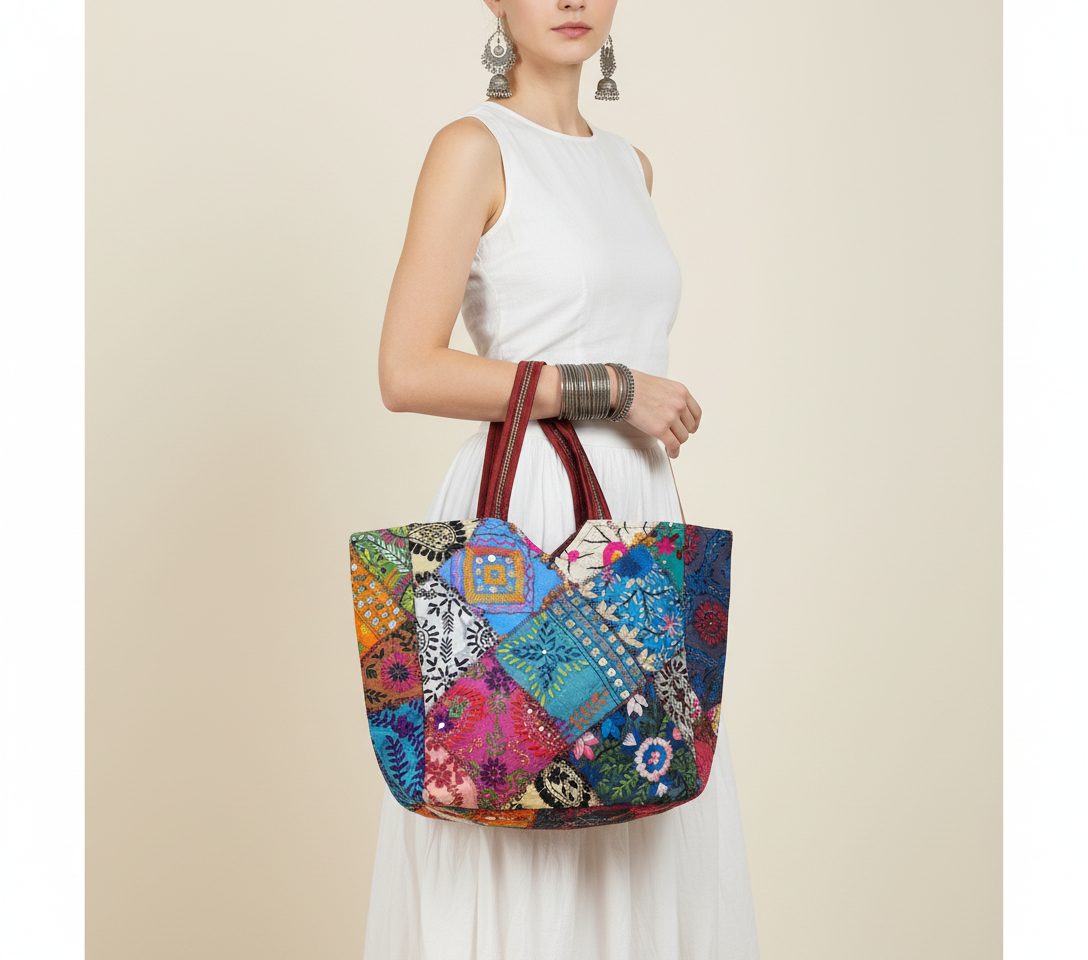 Close-up of Azure Mosaic applique patchwork texture on tote bag