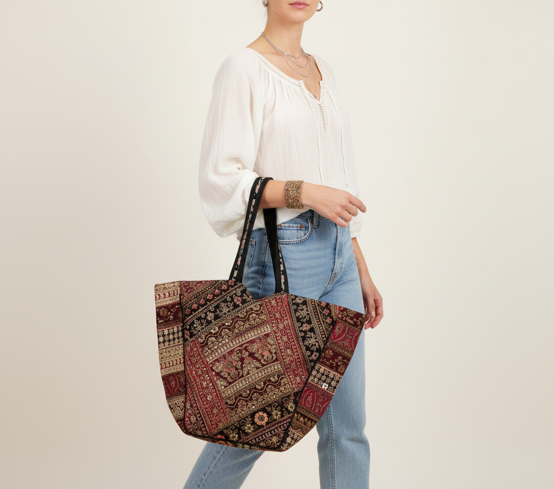 Gotta Patch Noir Shimmer tote bag front view — Mystic Dhaga