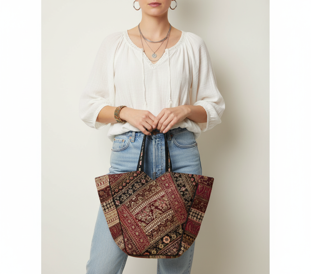 Model walking with Gotta Patch Noir Shimmer tote bag — lifestyle shot