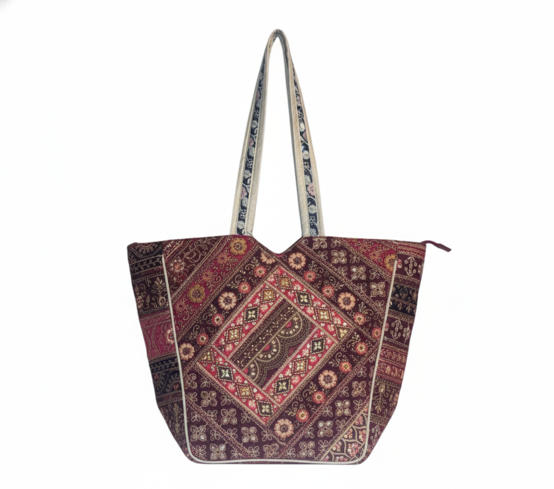 Close-up of Pearl Shimmer gotta patchwork metallic detail on tote bag