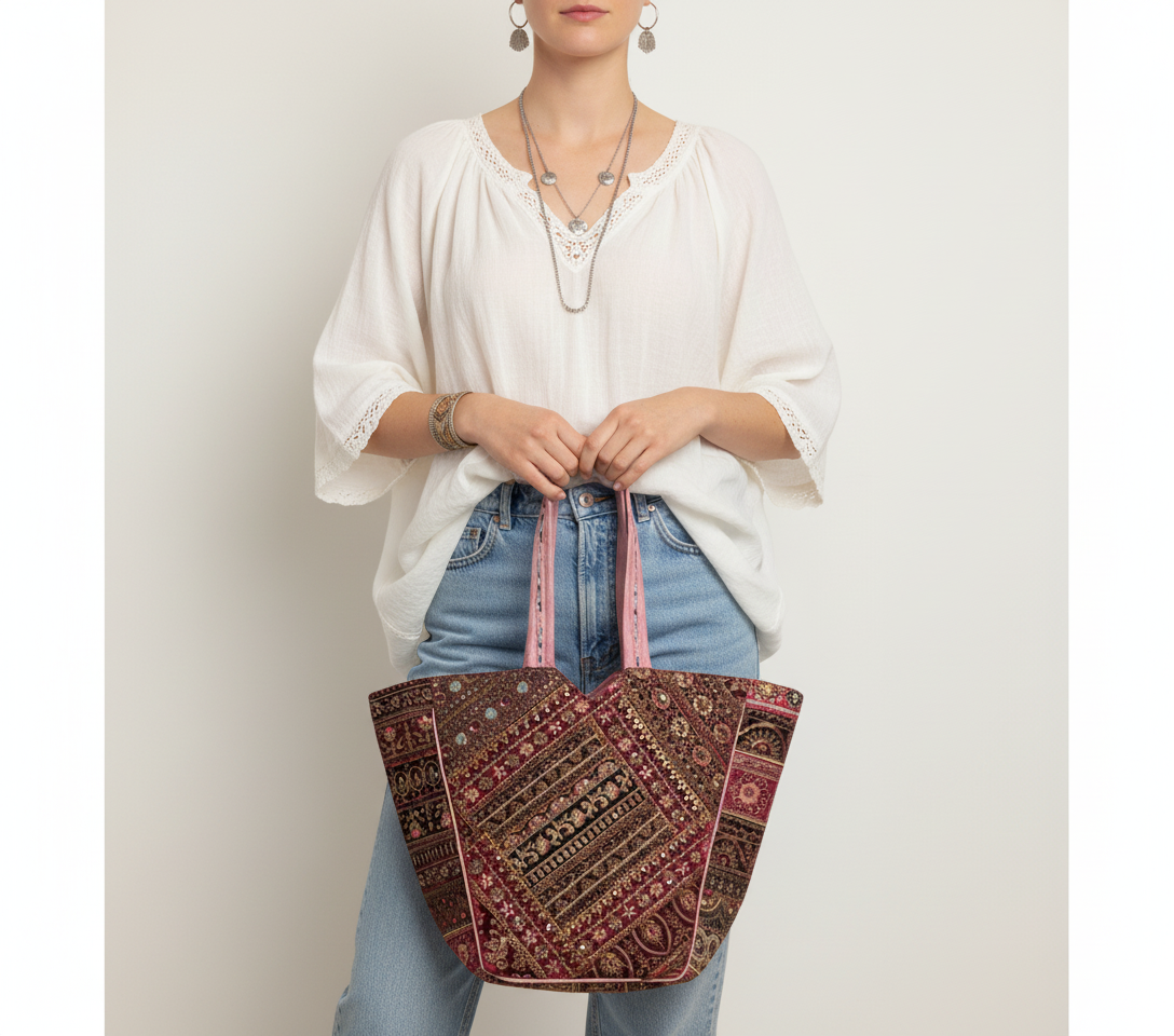 Gotta Patch Rose Shimmer tote bag front view — Mystic Dhaga