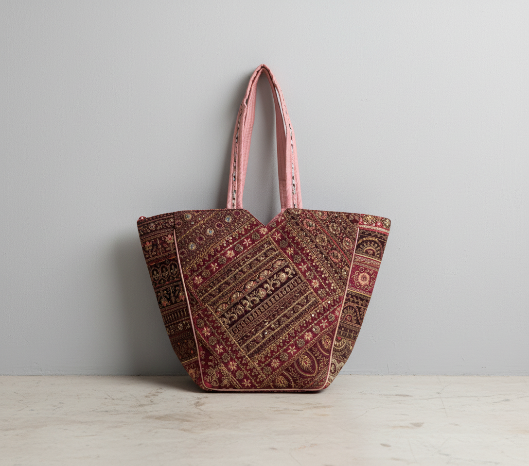 Close-up of Rose Shimmer gotta patchwork metallic detail on tote bag