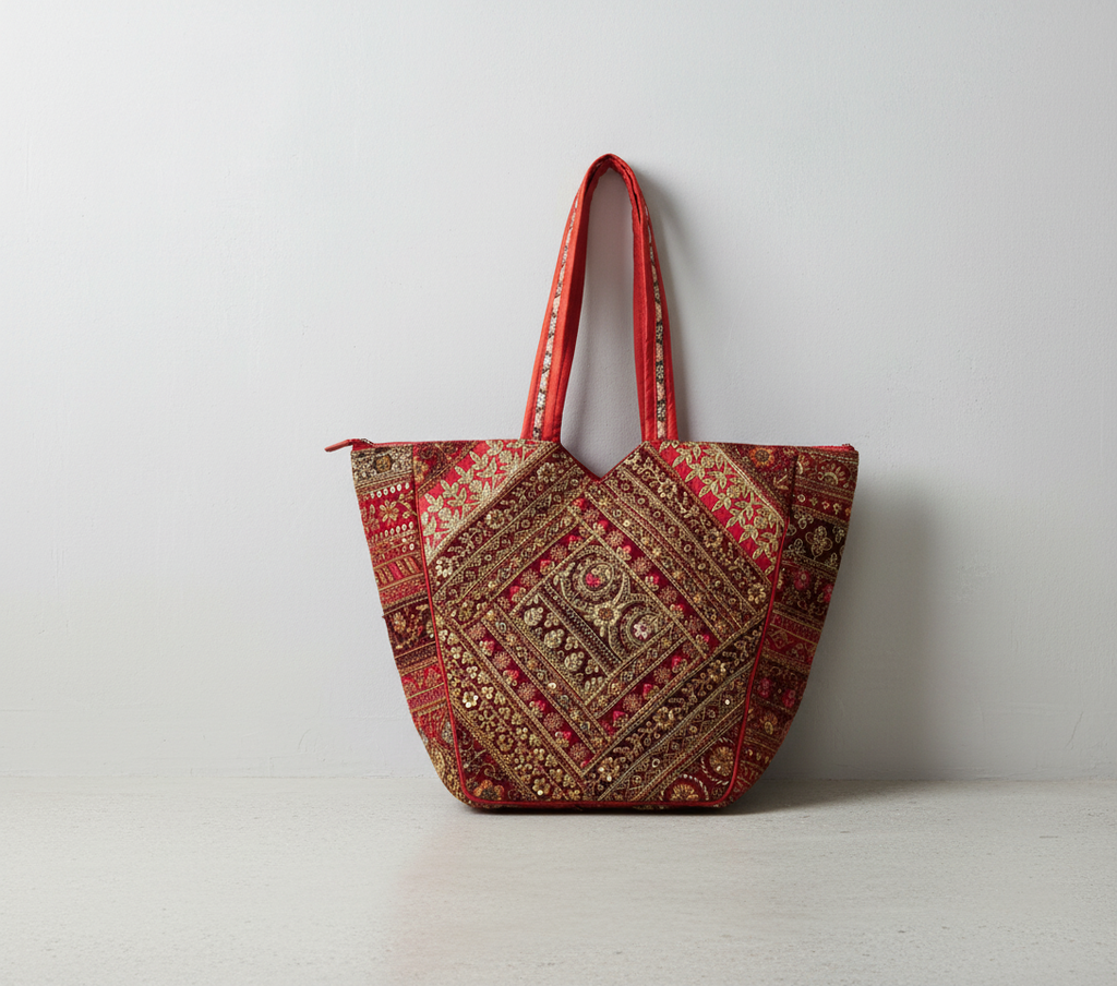 Gotta Patch Crimson Shimmer tote bag front view — Mystic Dhaga