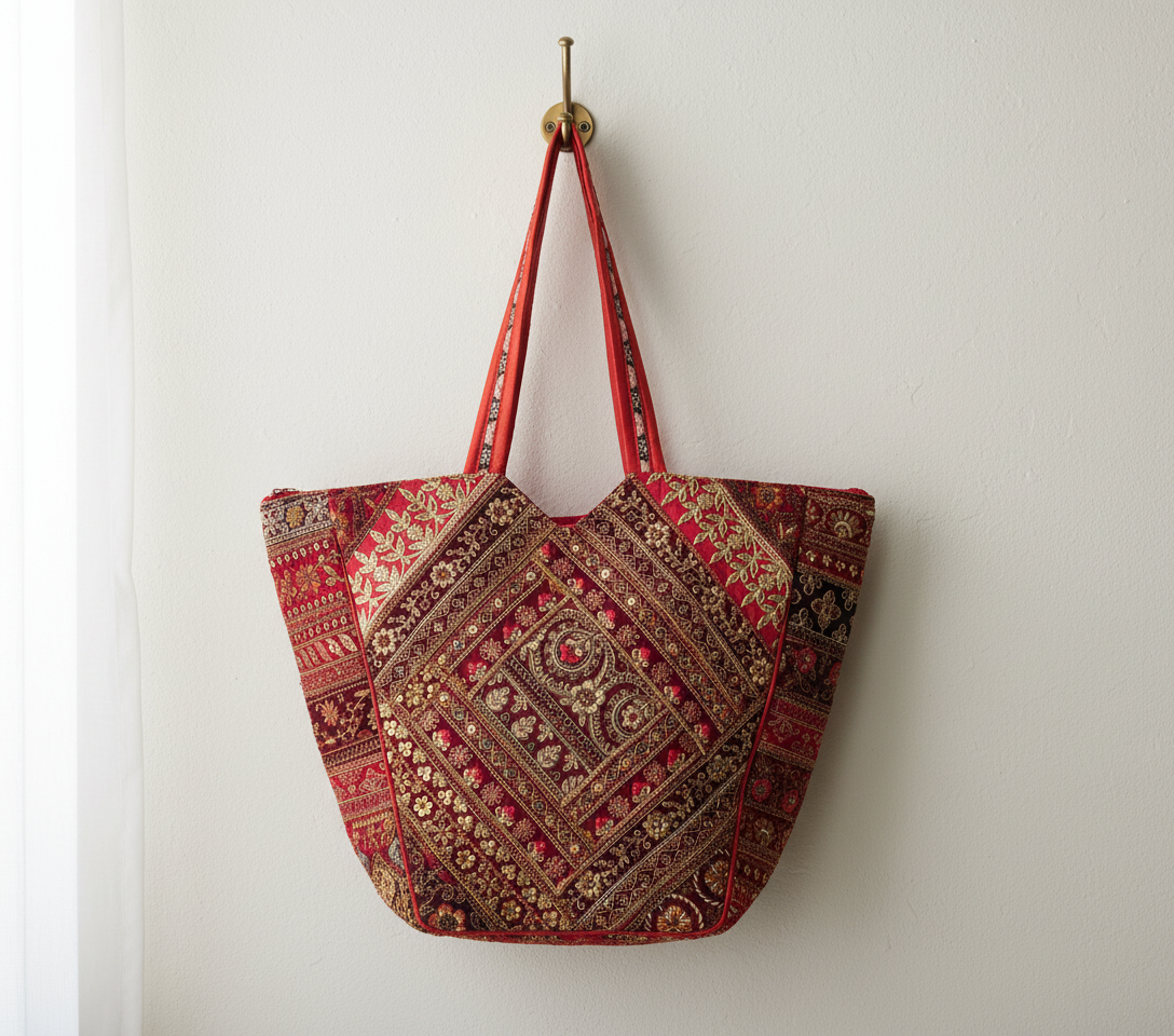 Close-up of Crimson Shimmer gotta patchwork metallic detail on tote bag