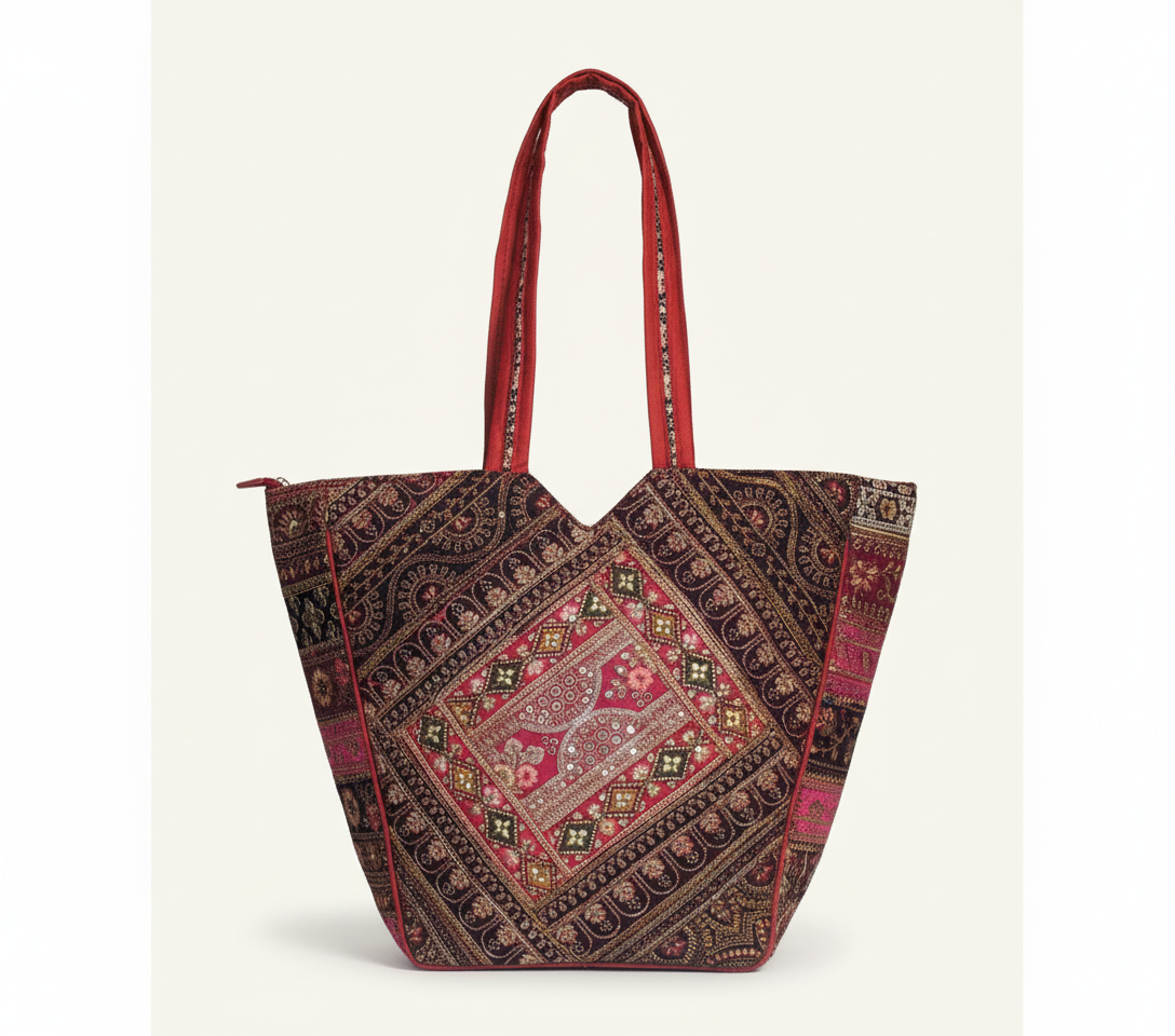 Model carrying Gotta Patch Crimson Shimmer tote bag — boho style