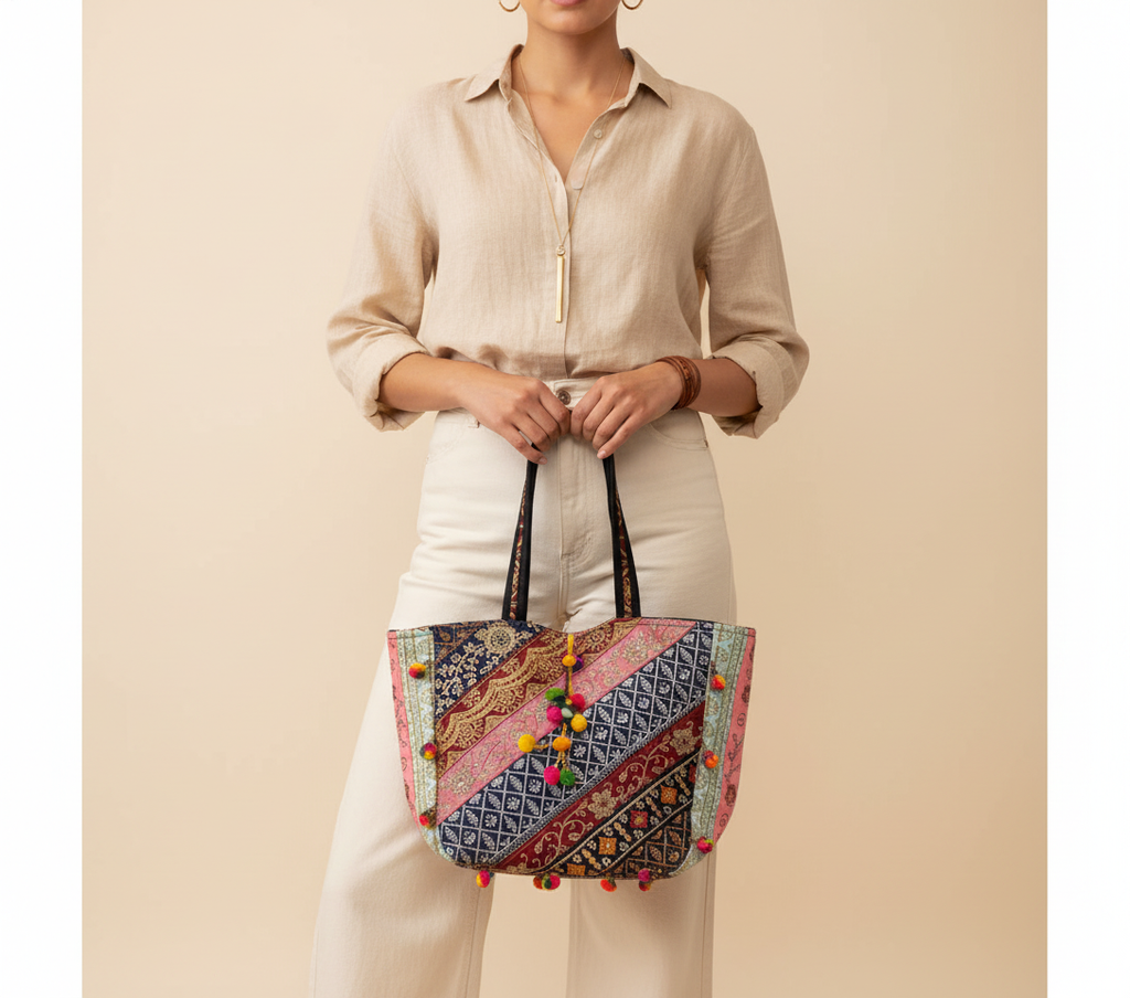 Gotta Patti Mirror Tassel Midnight Radiance tote bag front view — Mystic Dhaga