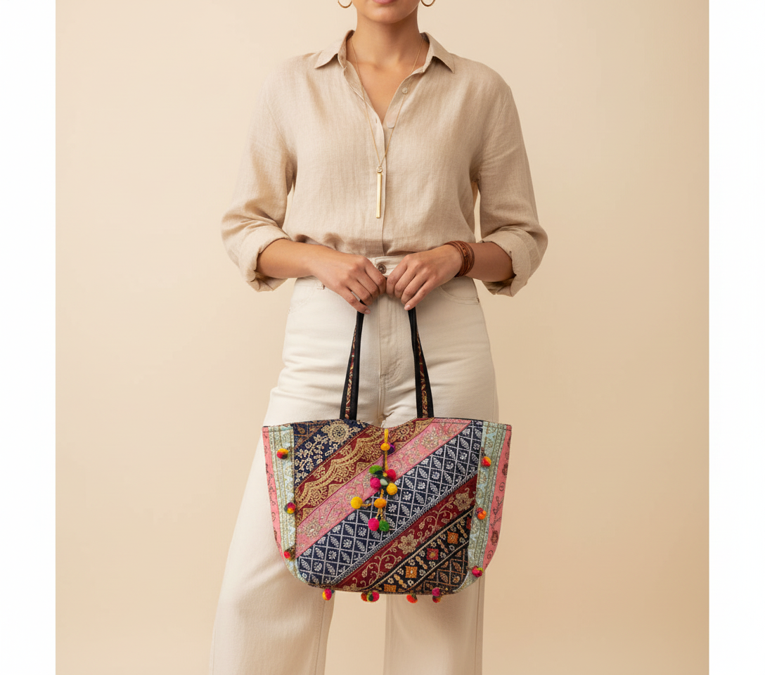 Gotta Patti Mirror Tassel Midnight Radiance tote bag front view — Mystic Dhaga