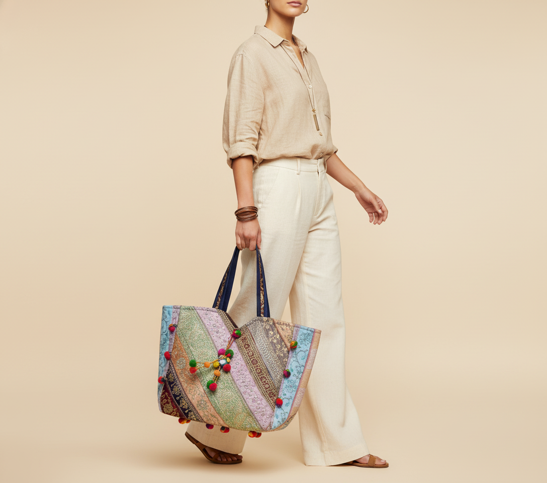 Gotta Patti Mirror Tassel Sapphire Gleam tote bag front view — Mystic Dhaga