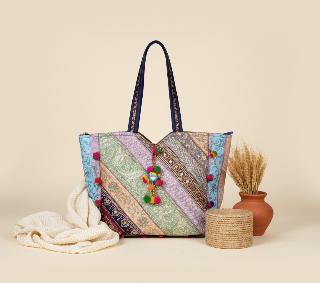 Gotta Patti Mirror Tassel Sapphire Gleam tote bag side view showing depth