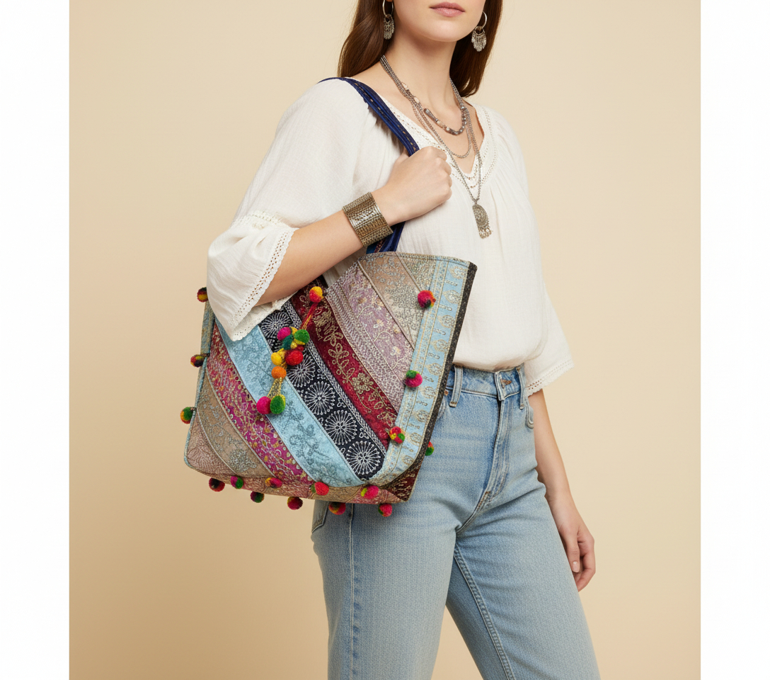 Gotta Patti Mirror Tassel Indigo Radiance tote bag front view — Mystic Dhaga