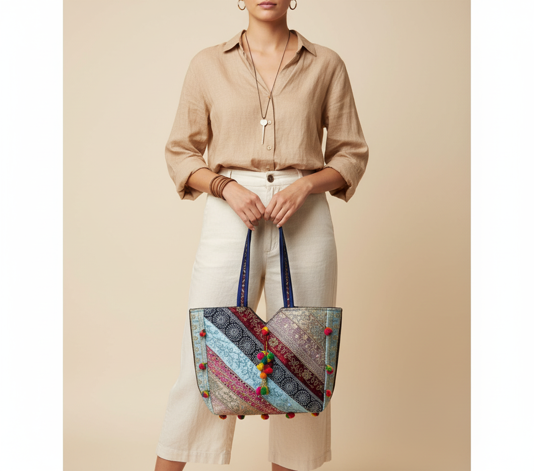 Gotta Patti Mirror Tassel Indigo Radiance tote bag side view showing depth