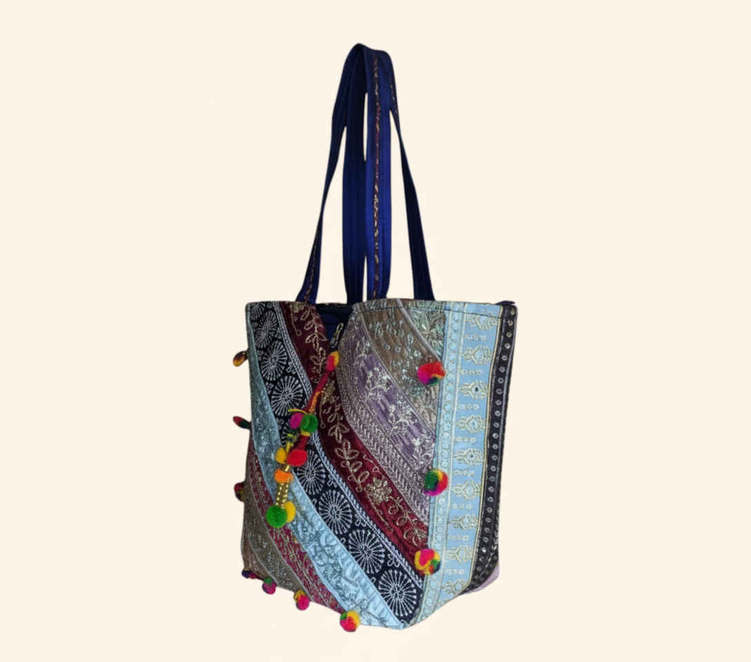 Gotta Patti Mirror Tassel Indigo Radiance tote bag isometric angle