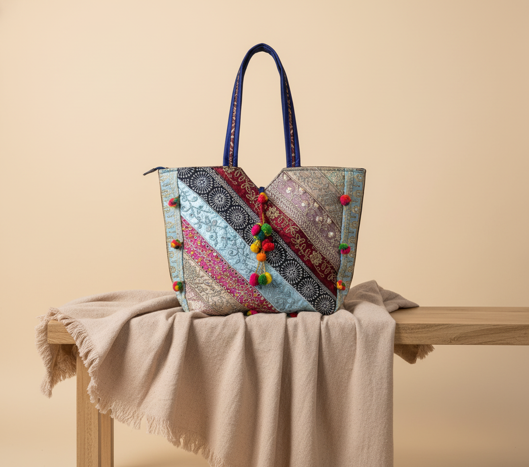 Model carrying Gotta Patti Mirror Tassel Indigo Radiance tote bag — boho style