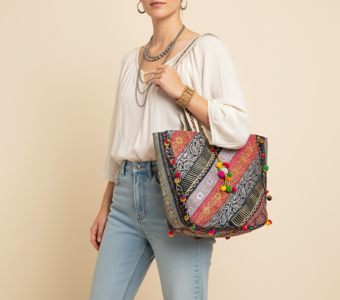 Gotta Patti Mirror Tassel Pearl Radiance tote bag front view — Mystic Dhaga