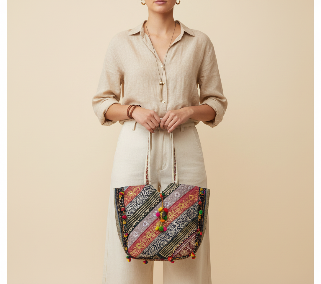 Gotta Patti Mirror Tassel Pearl Radiance tote bag side view showing depth