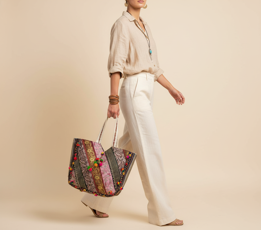 Gotta Patti Mirror Tassel Ivory Gleam tote bag front view — Mystic Dhaga