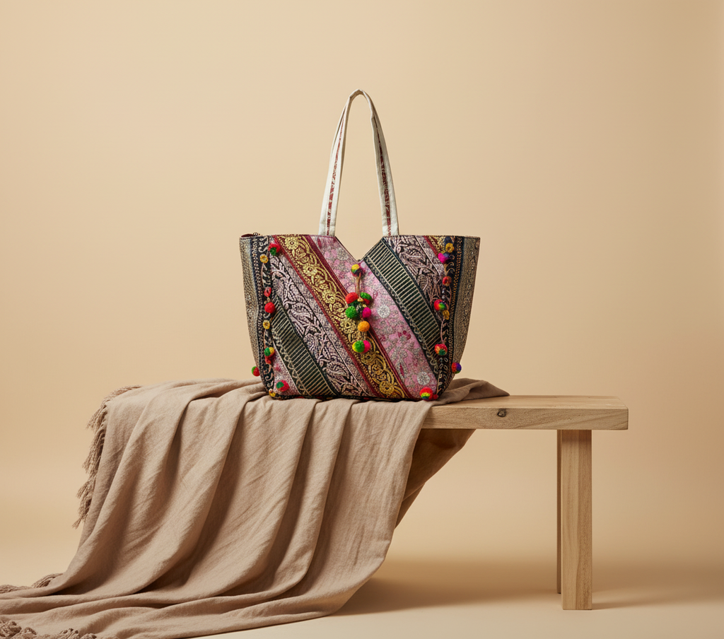 Model carrying Gotta Patti Mirror Tassel Ivory Gleam tote bag — boho style