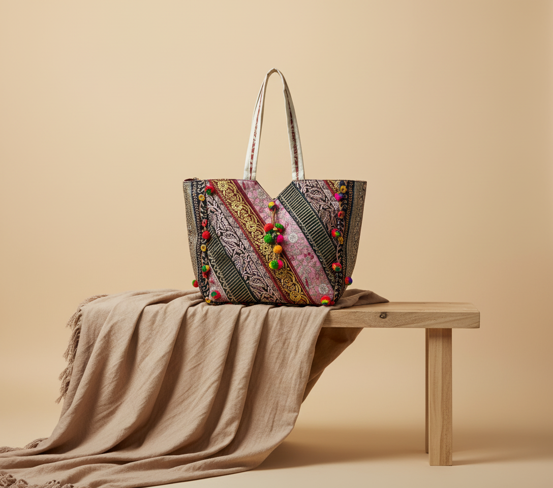 Model carrying Gotta Patti Mirror Tassel Ivory Gleam tote bag — boho style