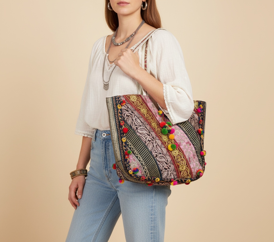 Model walking with Gotta Patti Mirror Tassel Ivory Gleam tote bag — lifestyle shot