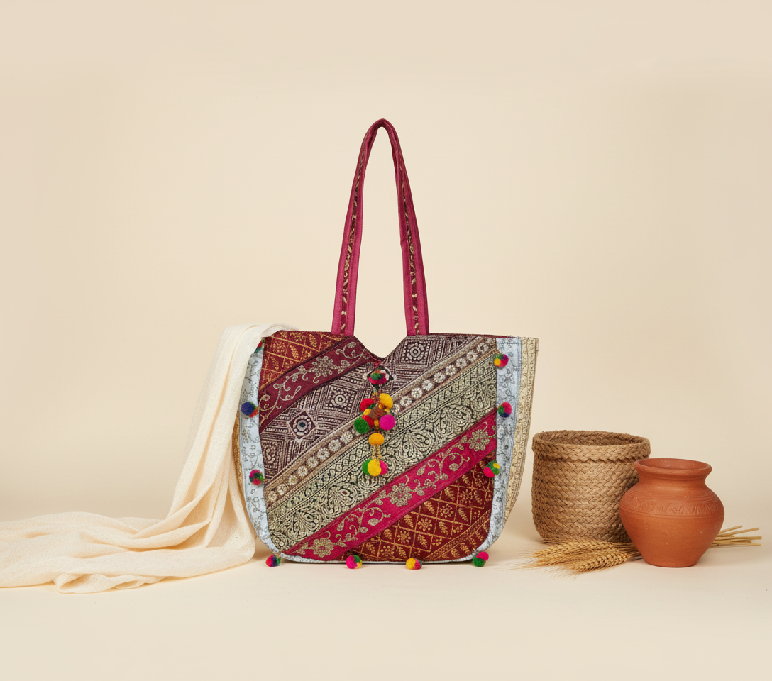 Gotta Patti Mirror Tassel Blush Radiance tote bag front view — Mystic Dhaga