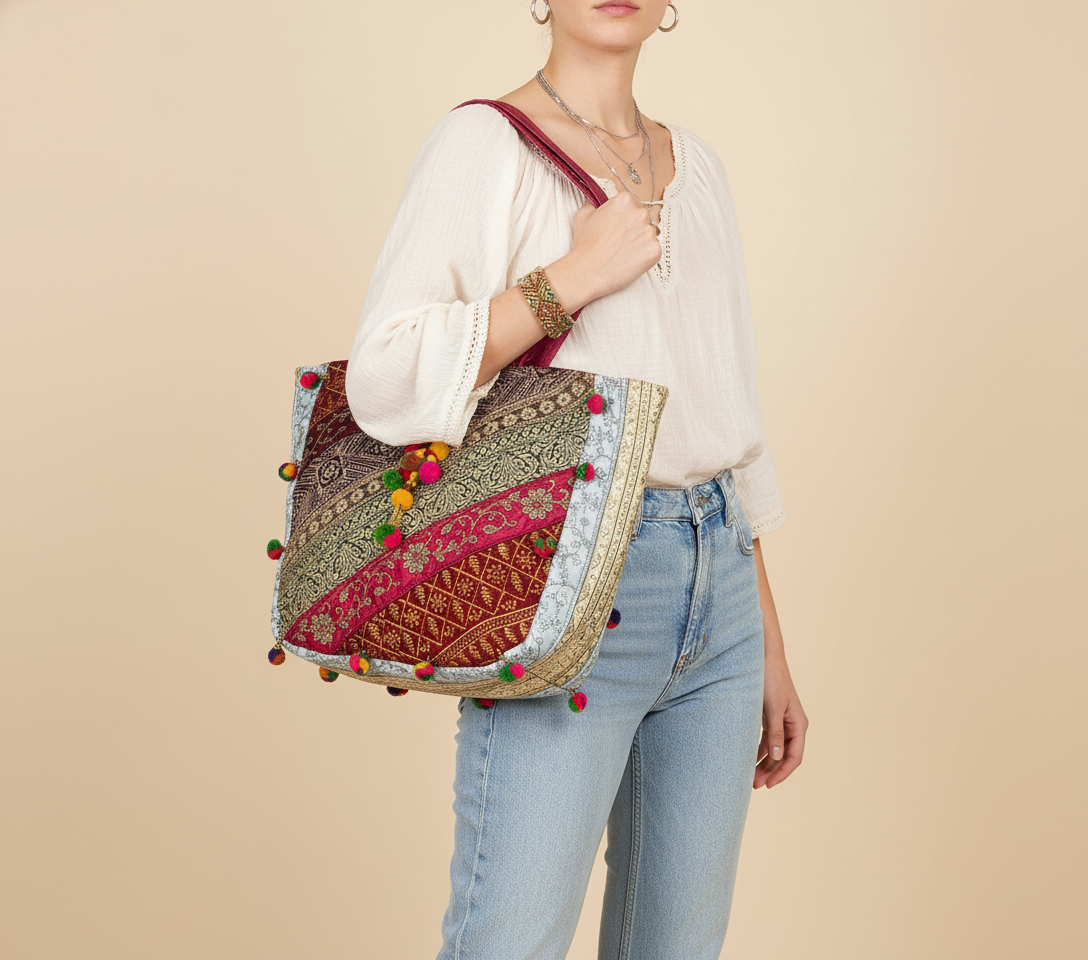 Gotta Patti Mirror Tassel Blush Radiance tote bag side view showing depth
