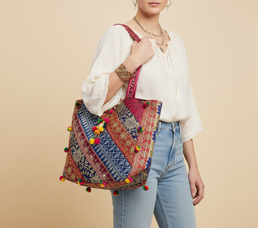 Gotta Patti Mirror Tassel Rose Gleam tote bag front view — Mystic Dhaga
