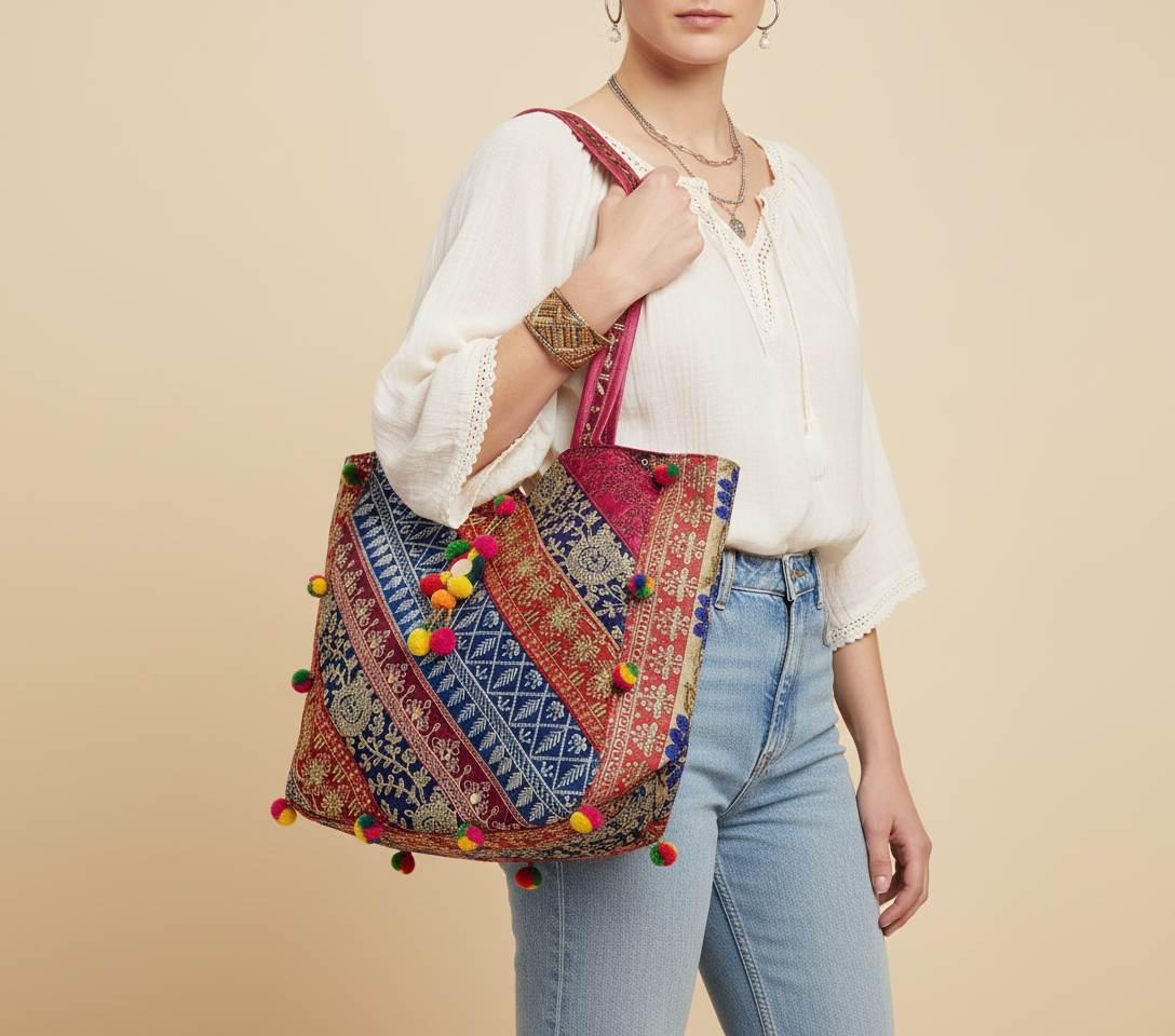 Gotta Patti Mirror Tassel Rose Gleam tote bag front view — Mystic Dhaga