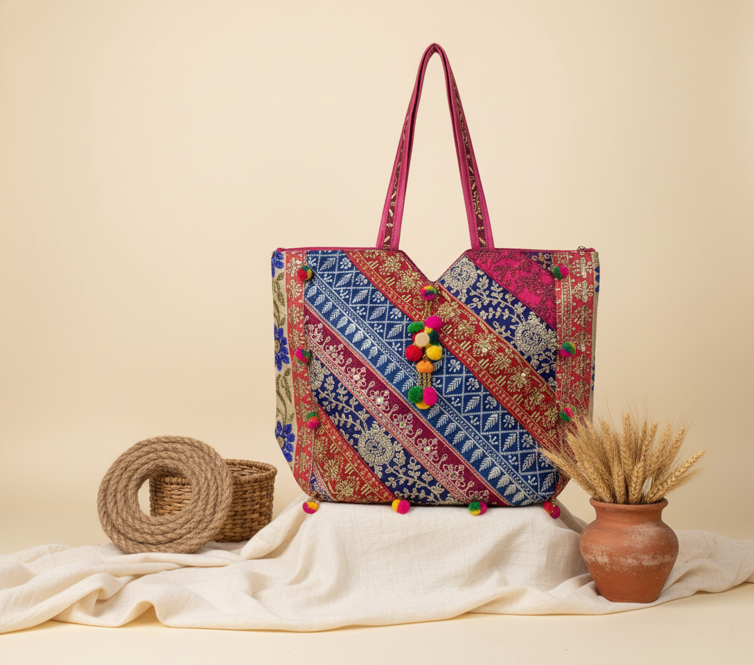 Gotta Patti Mirror Tassel Rose Gleam tote bag side view showing depth
