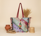 Gotta Patti Mirror Tassel Crimson Radiance tote bag front view — Mystic Dhaga