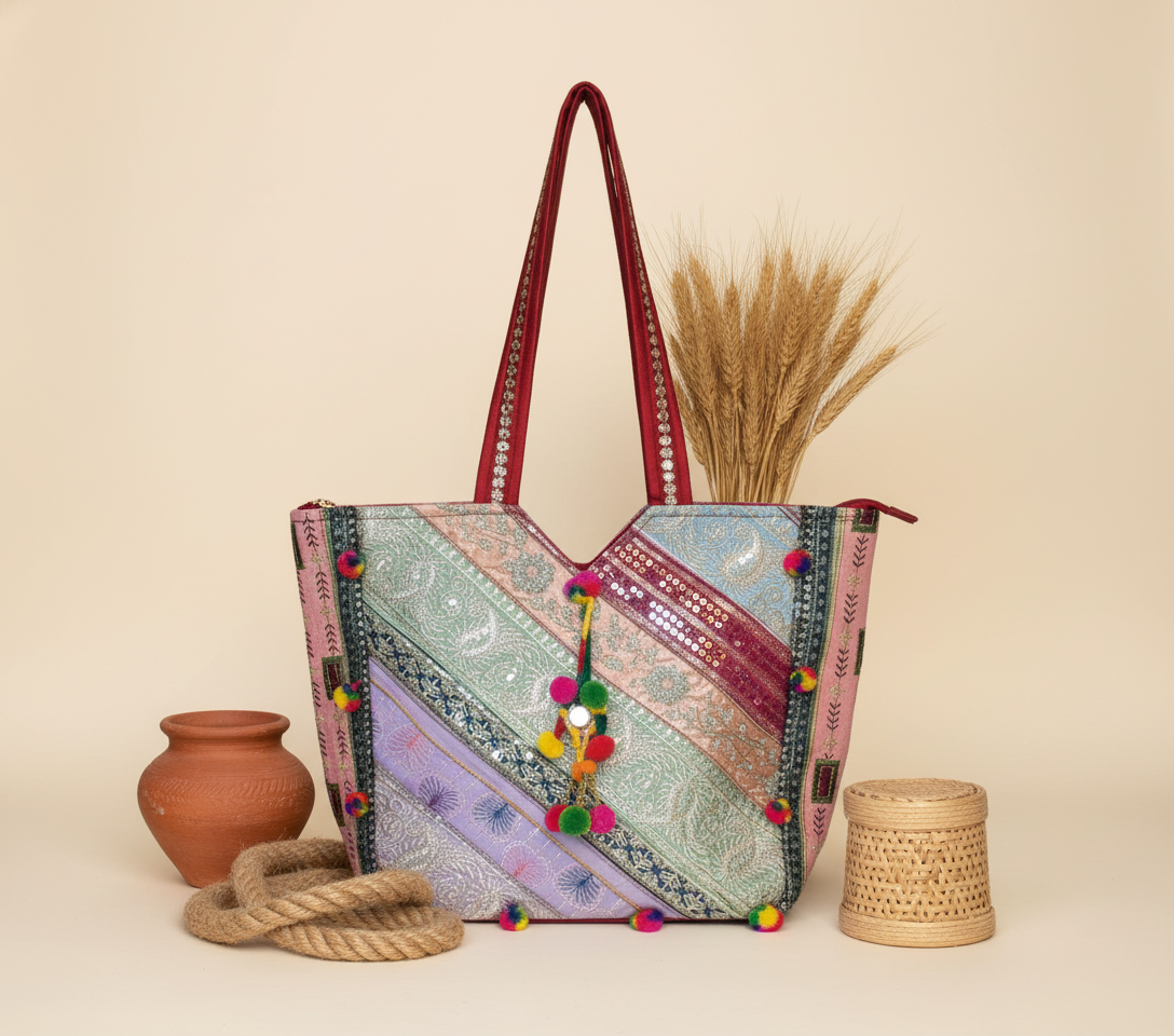 Gotta Patti Mirror Tassel Crimson Radiance tote bag front view — Mystic Dhaga