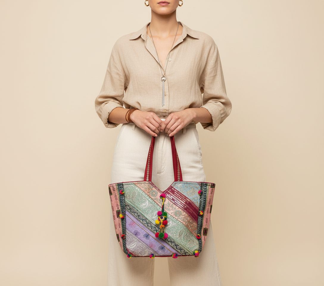 Gotta Patti Mirror Tassel Crimson Radiance tote bag side view showing depth
