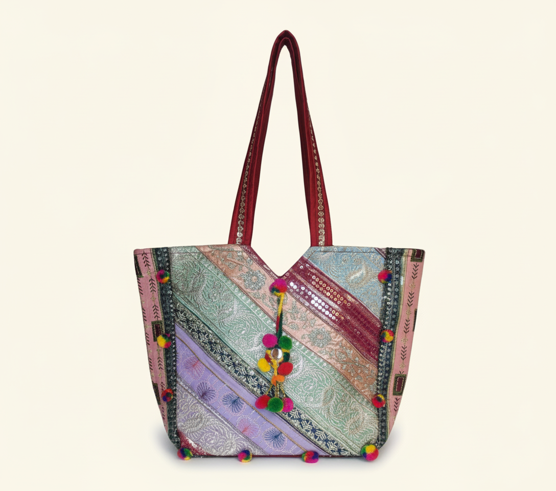 Gotta Patti Mirror Tassel Crimson Radiance tote bag isometric angle