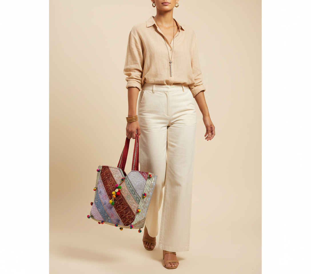 Gotta Patti Mirror Tassel Scarlet Gleam tote bag front view — Mystic Dhaga
