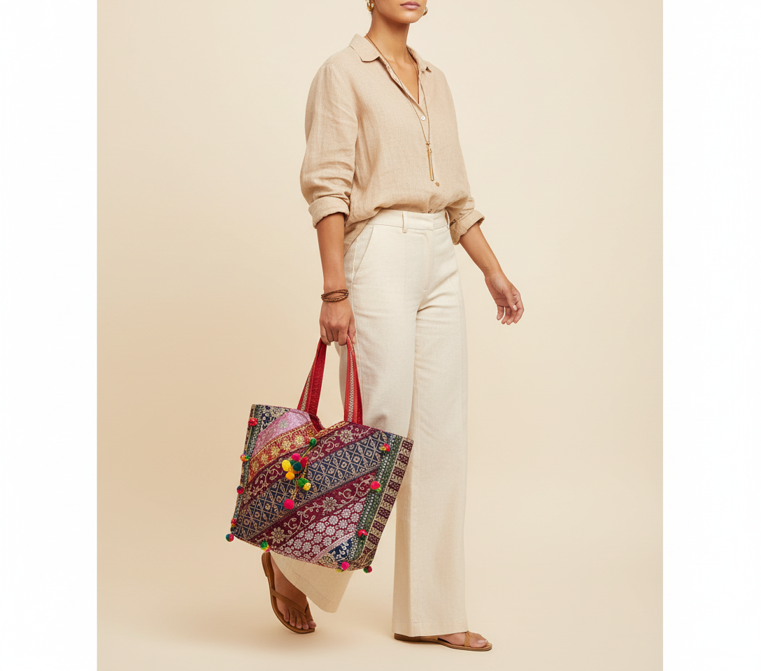 Gotta Patti Mirror Tassel Ruby Radiance tote bag front view — Mystic Dhaga