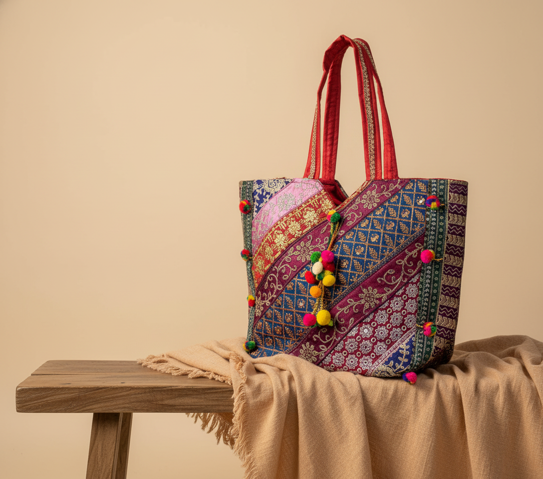 Gotta Patti Mirror Tassel Ruby Radiance tote bag side view showing depth