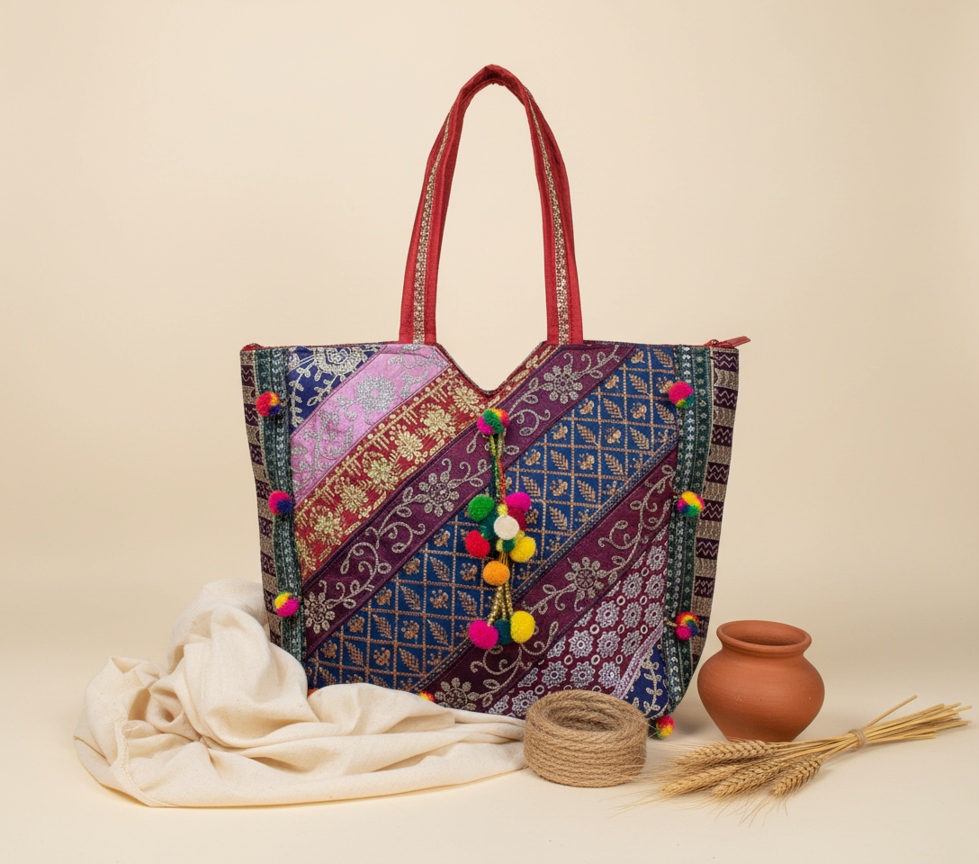 Model walking with Gotta Patti Mirror Tassel Ruby Radiance tote bag — lifestyle shot
