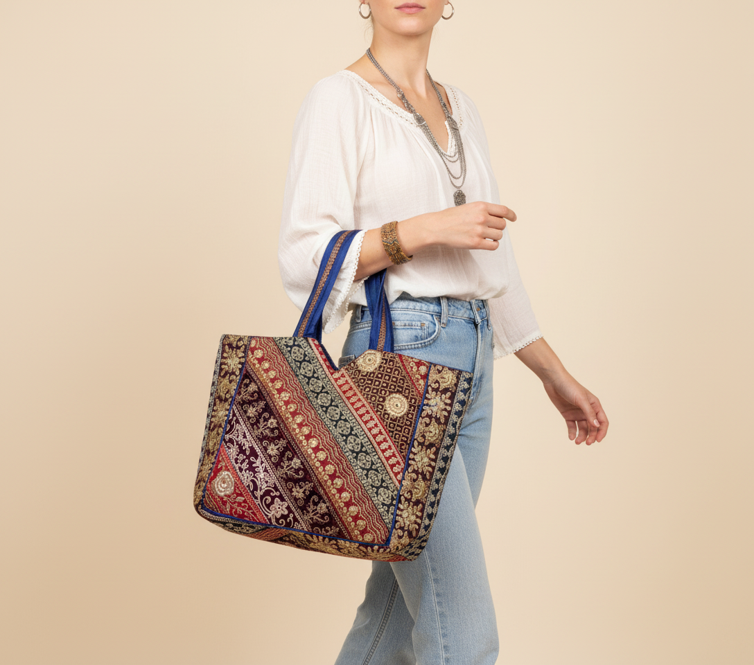 Gotta Patti No Tassel Sapphire Elegance tote bag front view — Mystic Dhaga