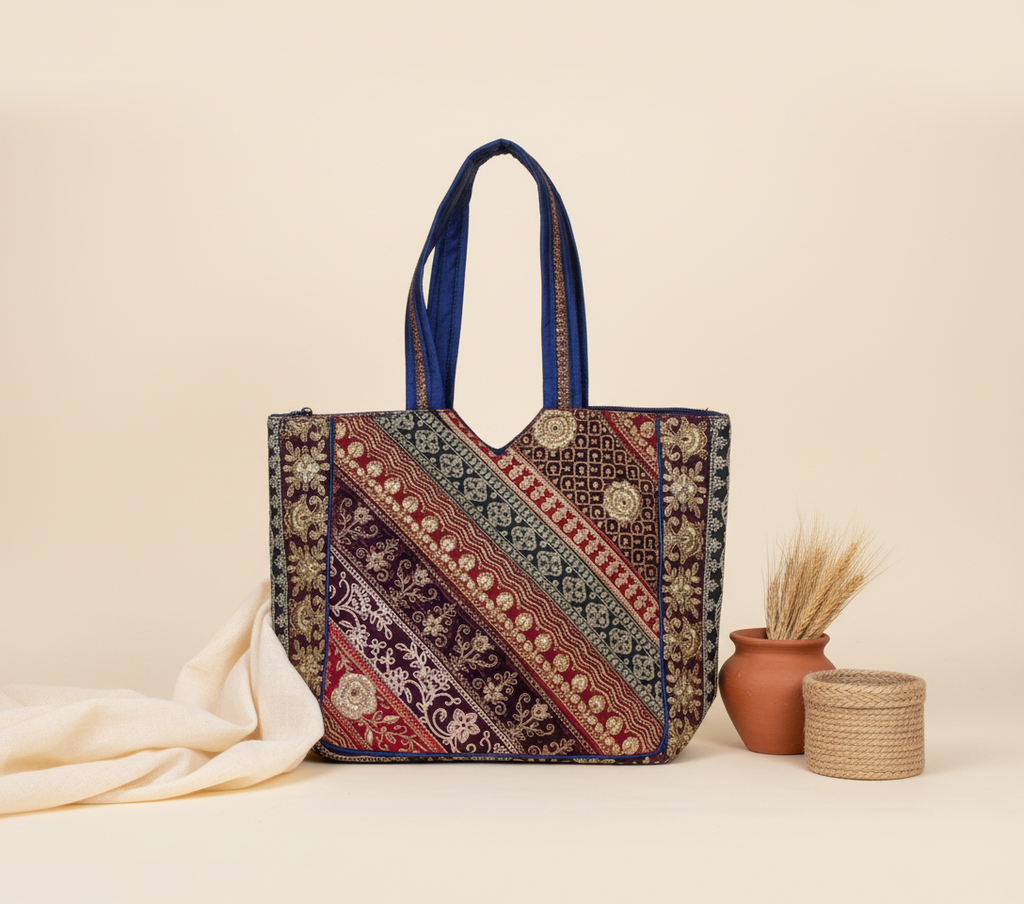 Gotta Patti No Tassel Sapphire Elegance tote bag side view showing depth