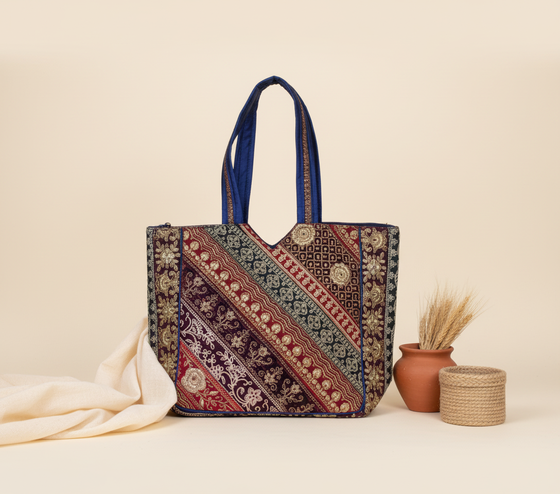Gotta Patti No Tassel Sapphire Elegance tote bag side view showing depth