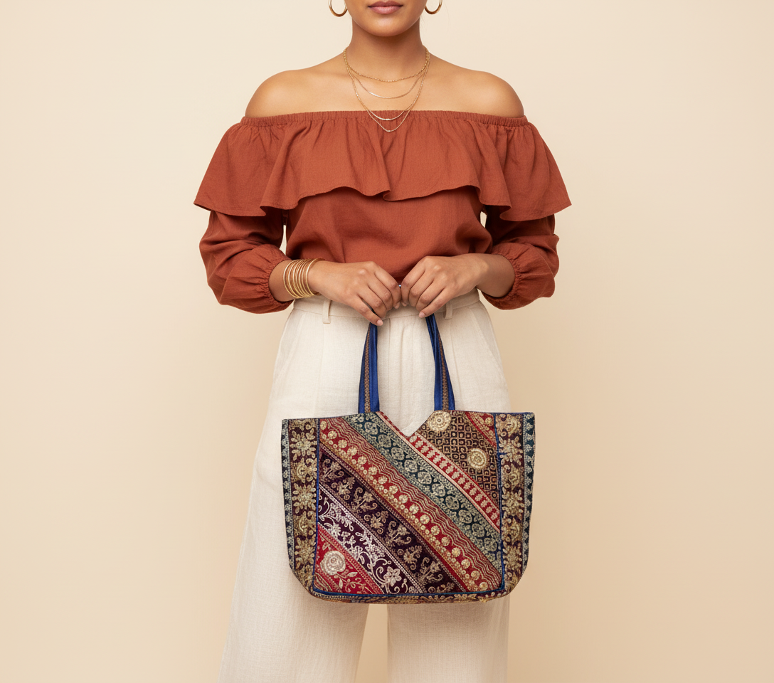 Model walking with Gotta Patti No Tassel Sapphire Elegance tote bag — lifestyle shot