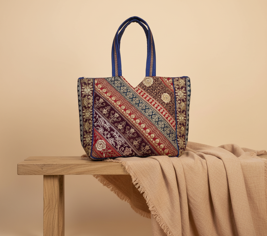 Gotta Patti No Tassel Sapphire Elegance tote bag styled on hook — Mystic Dhaga