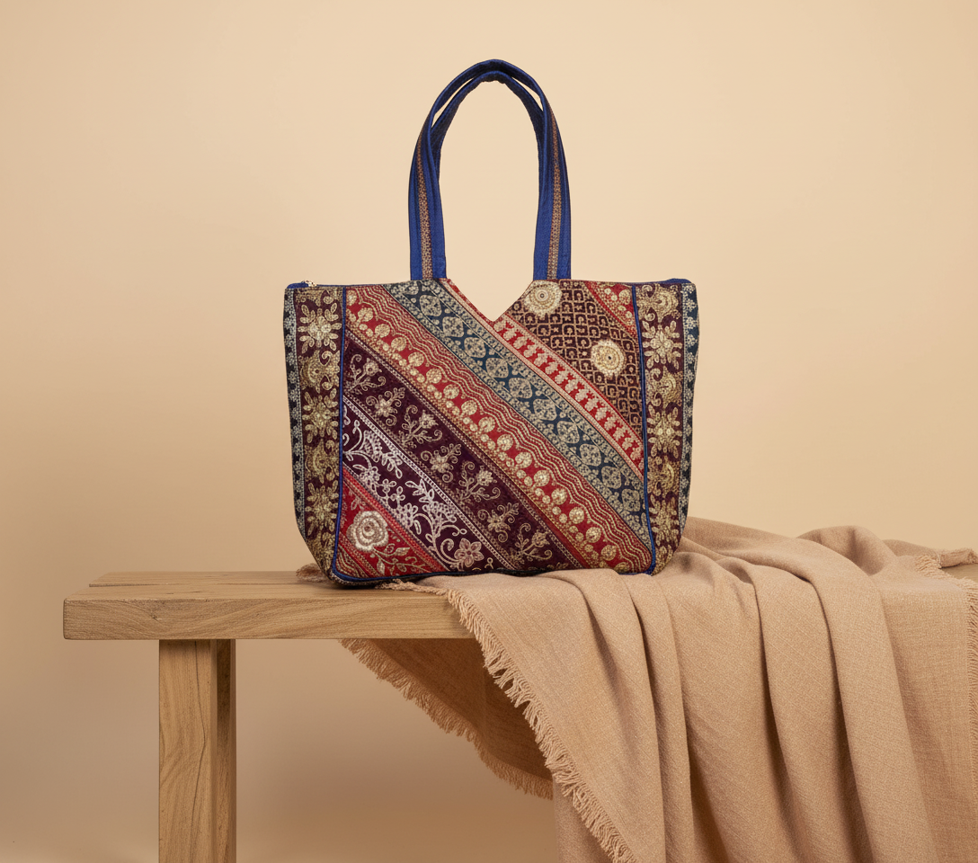 Gotta Patti No Tassel Sapphire Elegance tote bag styled on hook — Mystic Dhaga