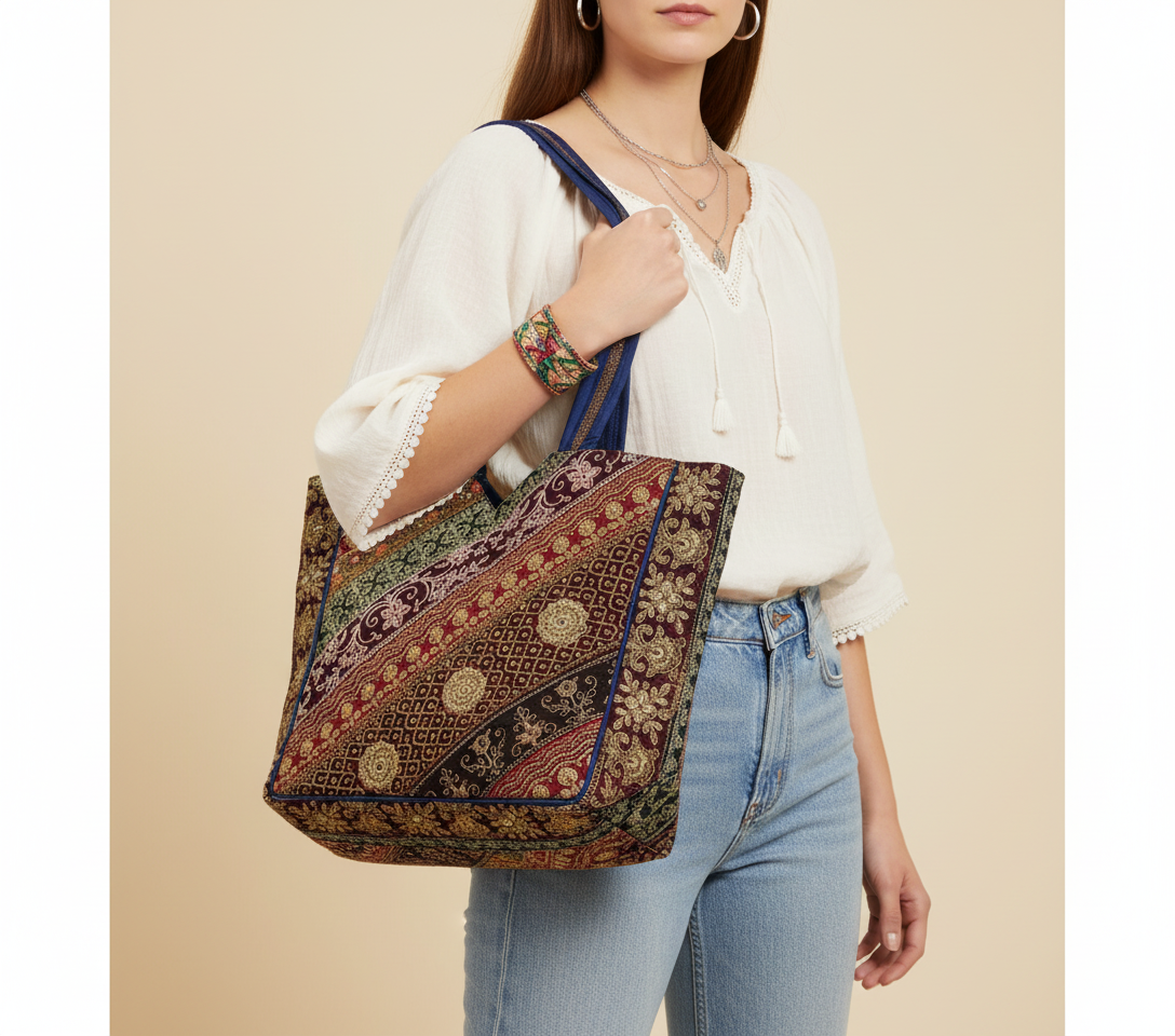 Gotta Patti No Tassel Cobalt Elegance tote bag front view — Mystic Dhaga