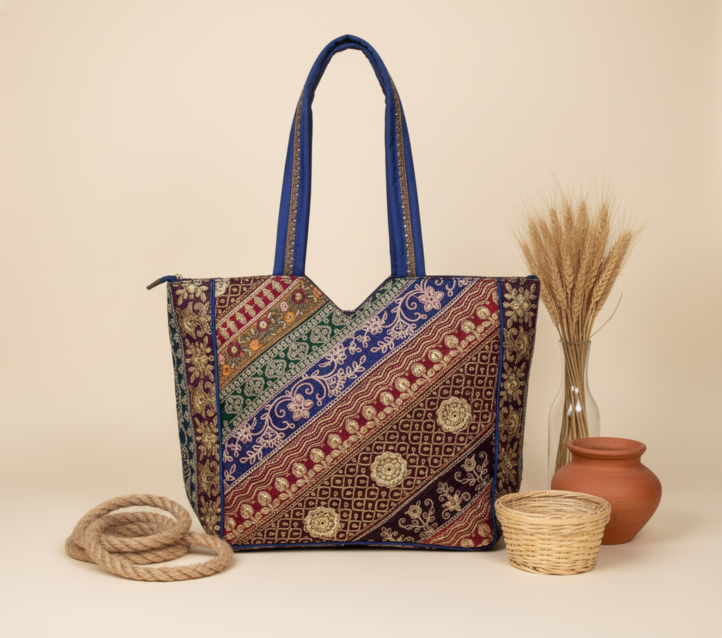 Gotta Patti No Tassel Cobalt Elegance tote bag side view showing depth